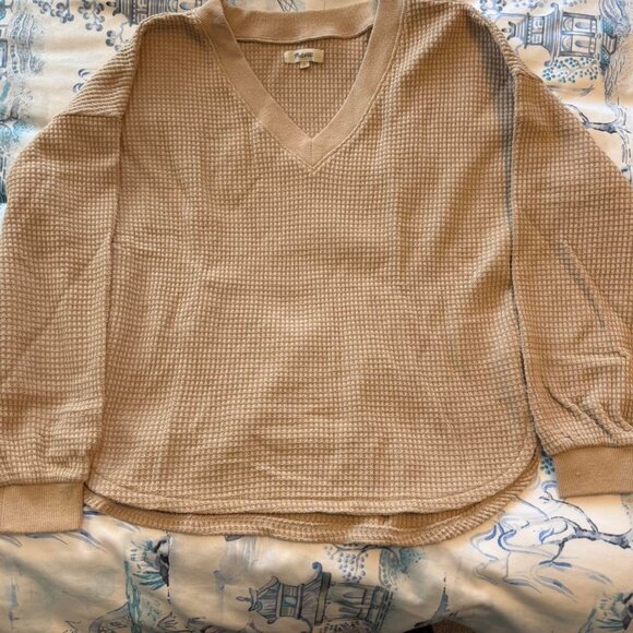 Madewell Waffle Knit V-Neck Tan Long Sleeve - Picture 2 of 2